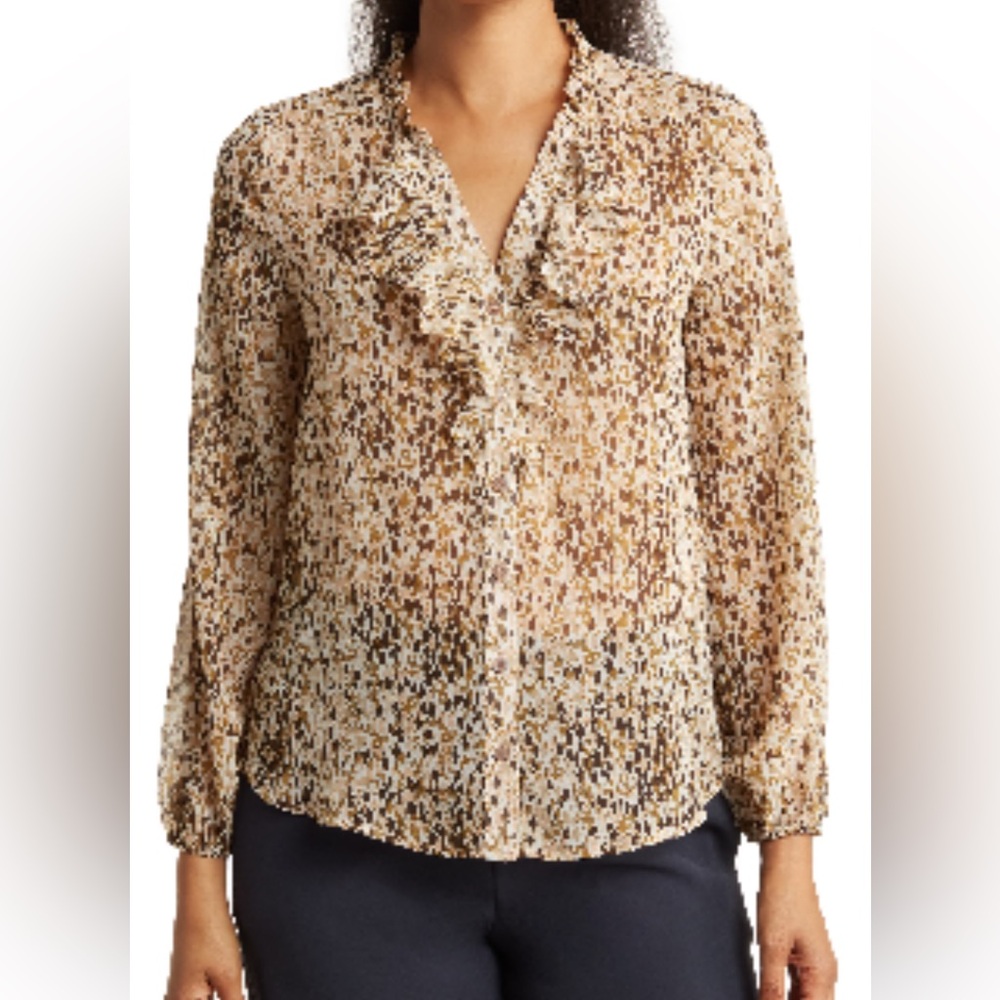 Pleione Ruffle Long Sleeve Button
Front Blouse Dots Print